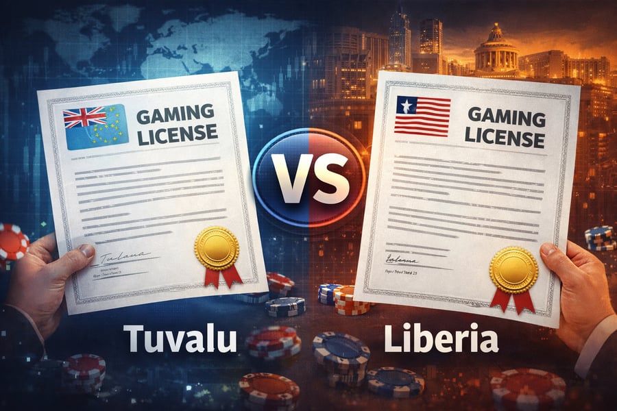 Comparison image of Tuvalu gaming license and Liberia gaming license showing offshore iGaming licensing certificates, casino chips and global gaming market positioning.