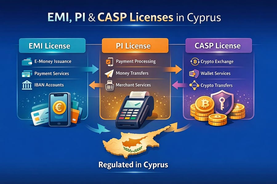 Comparison infographic showing EMI, Payment Institution and MiCA CASP licences in Cyprus and the financial services each licence covers for fintech, payments and crypto businesses.