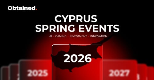 Obtained Cyprus Spring Events 2026 banner with bold red and black visuals, Cyprus map silhouette, and focus on AI, gaming, investment, and innovation industries.