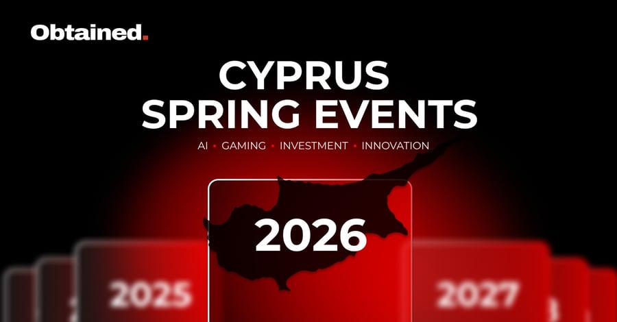 Obtained Cyprus Spring Events 2026 banner with bold red and black visuals, Cyprus map silhouette, and focus on AI, gaming, investment, and innovation industries.