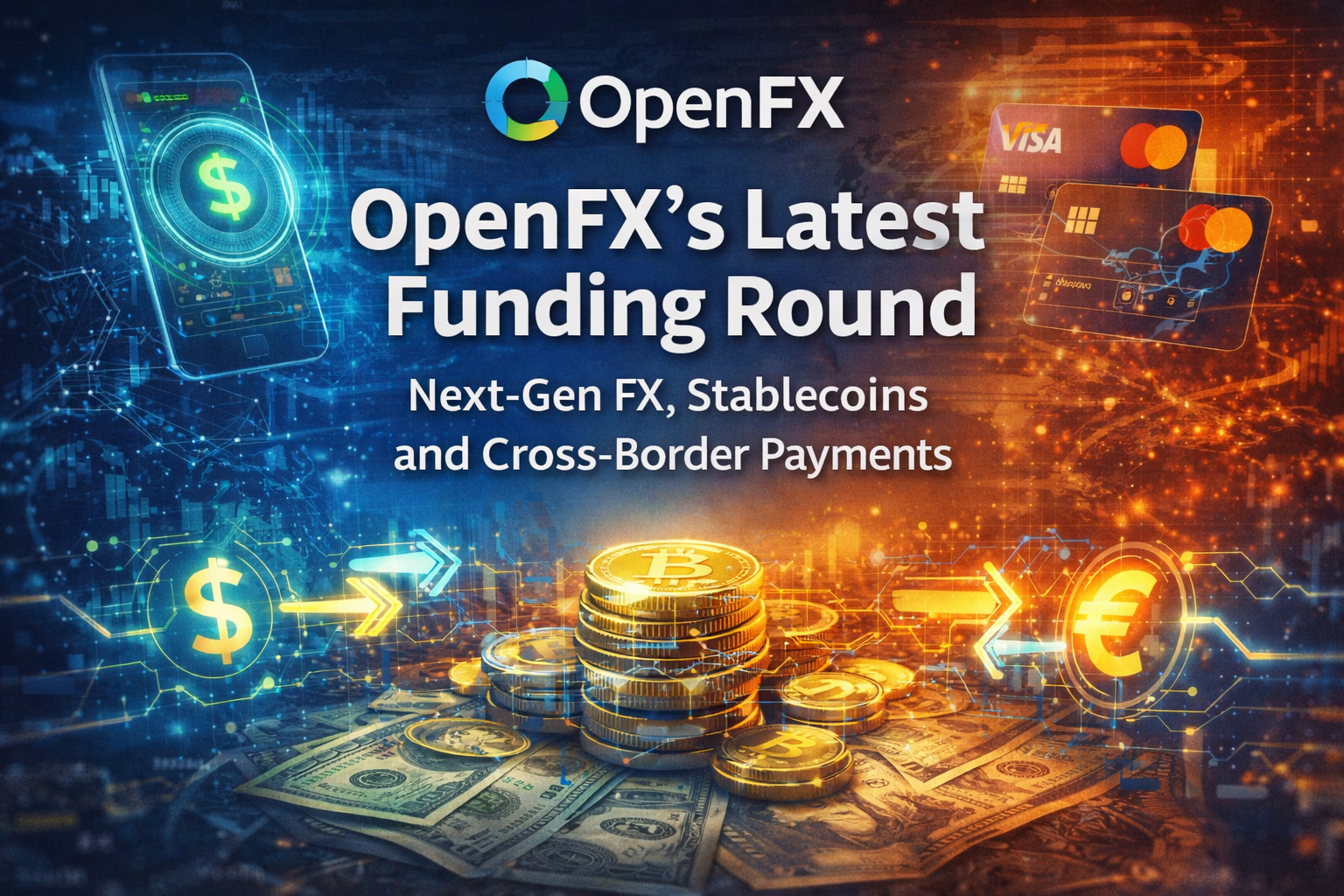 Illustration of OpenFX’s latest funding round showing FX infrastructure, stablecoins, Visa and Mastercard-linked cross-border payments, digital settlement flows and global fintech money movement.
