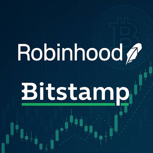 Robinhood and Bitstamp logos over a rising candlestick chart and Bitcoin icon, symbolizing Robinhood’s acquisition of Bitstamp and expansion into global crypto rails and fintech infrastructure
