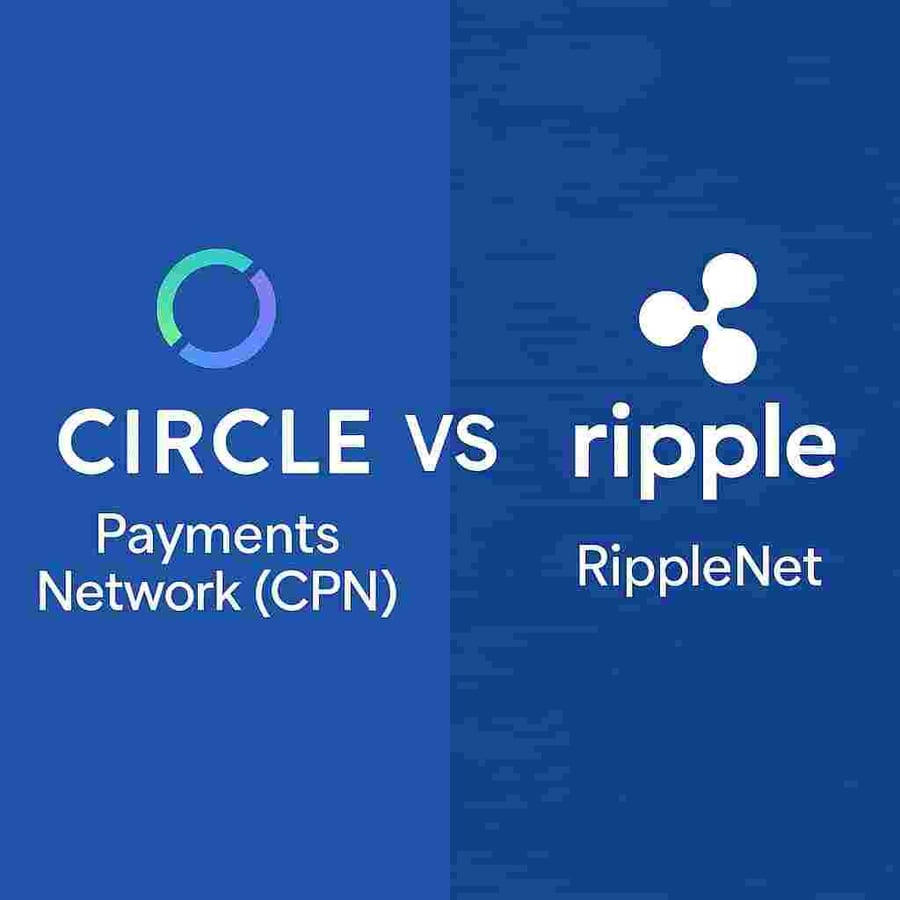 Comparison graphic of Circle Payments Network (CPN) versus RippleNet highlighting logos, blockchain infrastructure, and real-time settlement features on a split blue background