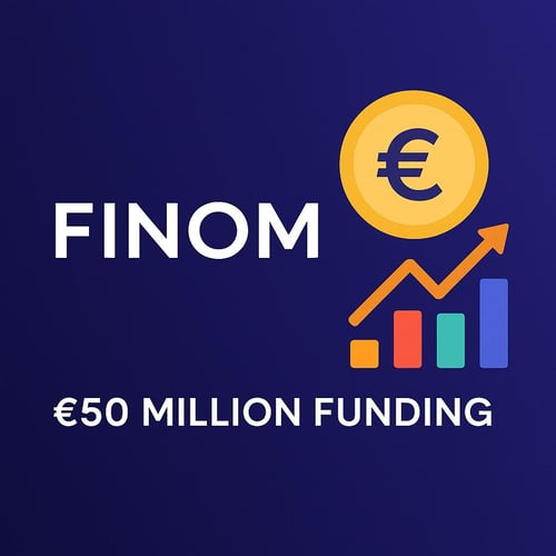 A digital graphic featuring Finom’s €50 million investment announcement with the Finom logo, a golden Euro coin, and an ascending bar chart, symbolizing fintech growth and rapid funding in the European SME sector