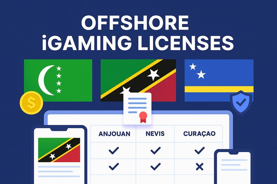 Digital illustration comparing offshore iGaming licenses from Nevis, Curaçao, and Anjouan, with national flags and feature checklists—highlighting Nevis as the preferred option for gaming operators