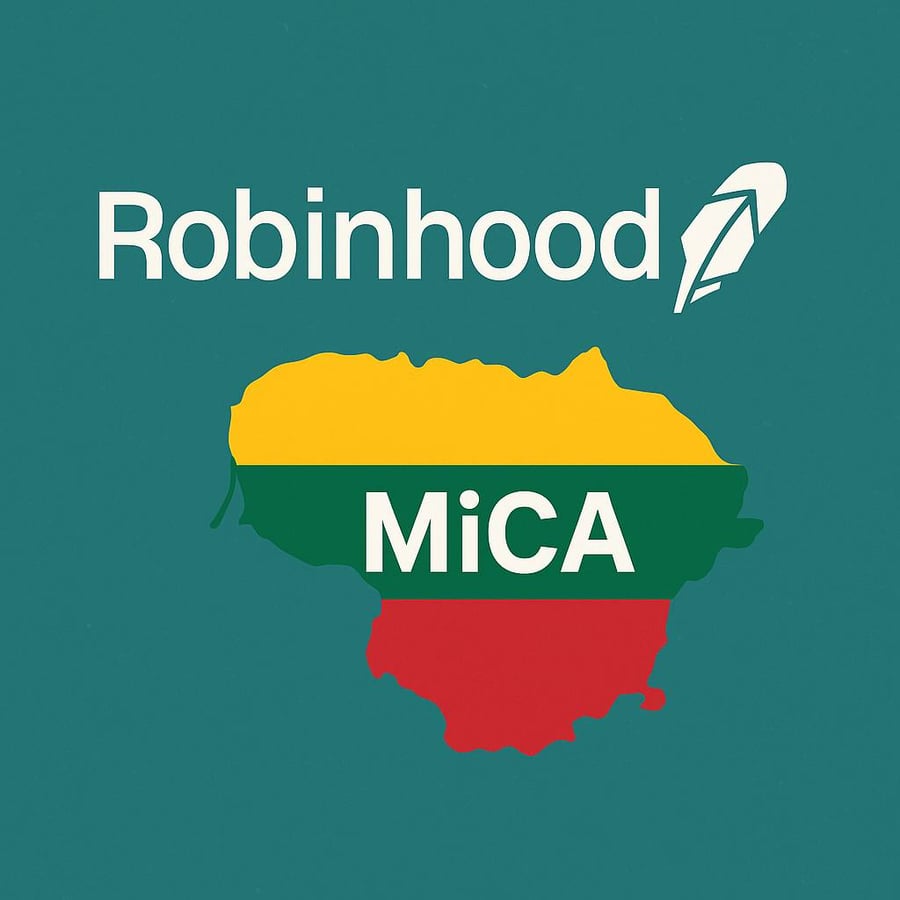 Robinhood logo above a map of Lithuania with the word MiCA inside, representing the first MiCA crypto license approval in the EU under Lithuania’s regulatory framework