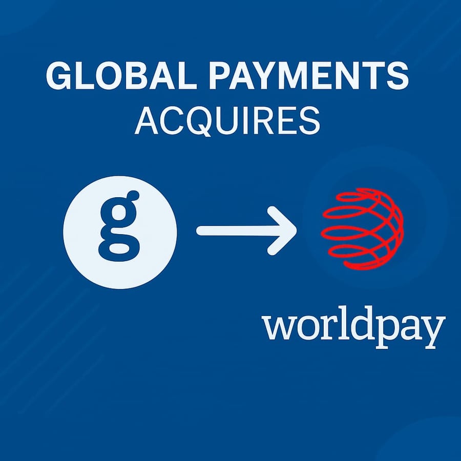 Illustration of Global Payments acquiring Worldpay in 2025, symbolizing fintech consolidation, card acquiring market shifts, and merchant payment infrastructure strategy.