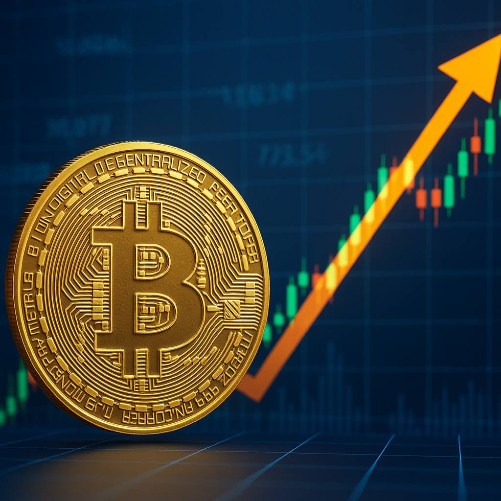 Gold Bitcoin coin with rising candlestick chart and orange arrow symbolizing cryptocurrency price surge, crypto rails, and blockchain financial infrastructure