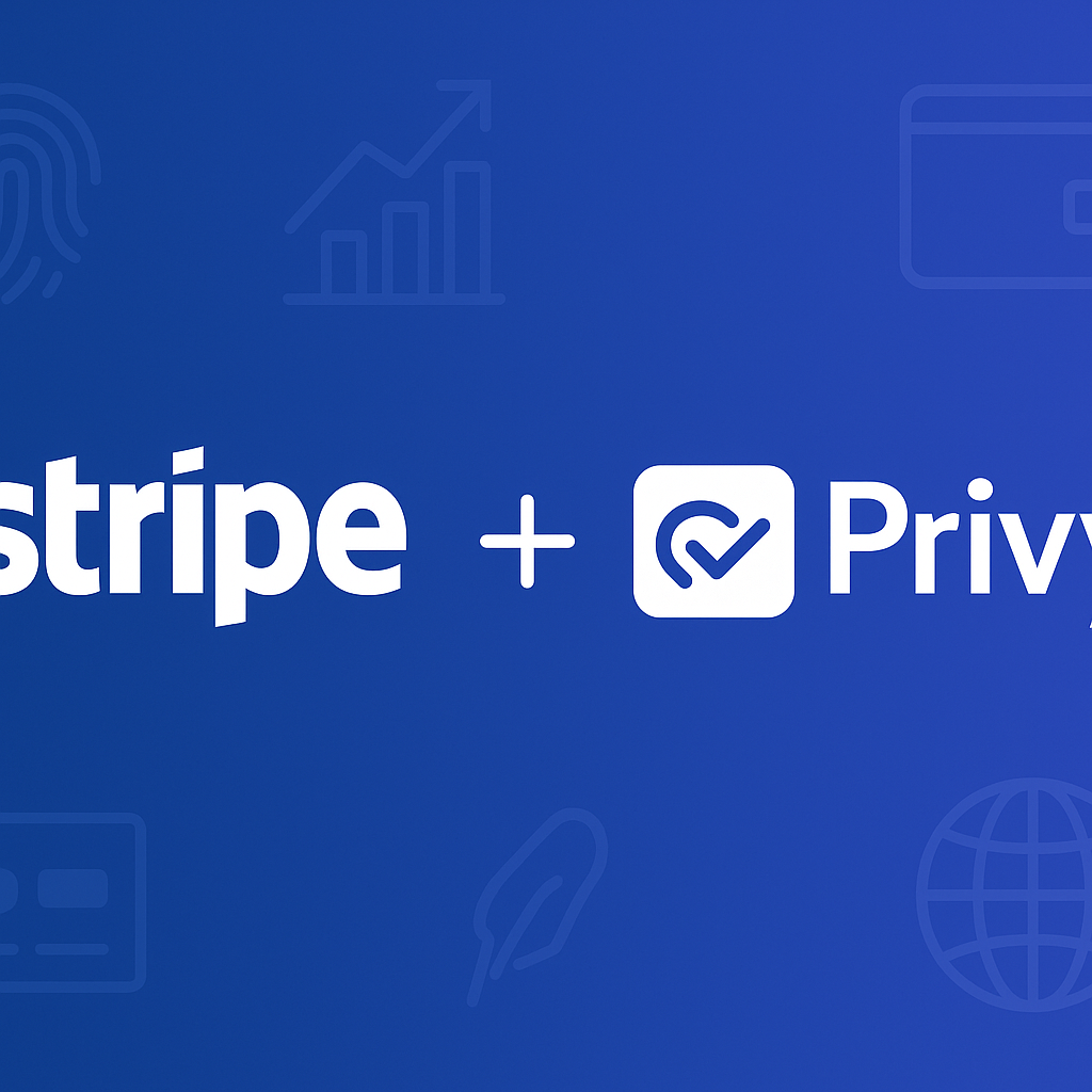 Digital illustration showing Stripe acquiring Privy, with fintech and crypto infrastructure icons in the background, symbolizing mergers in payment and identity platforms.