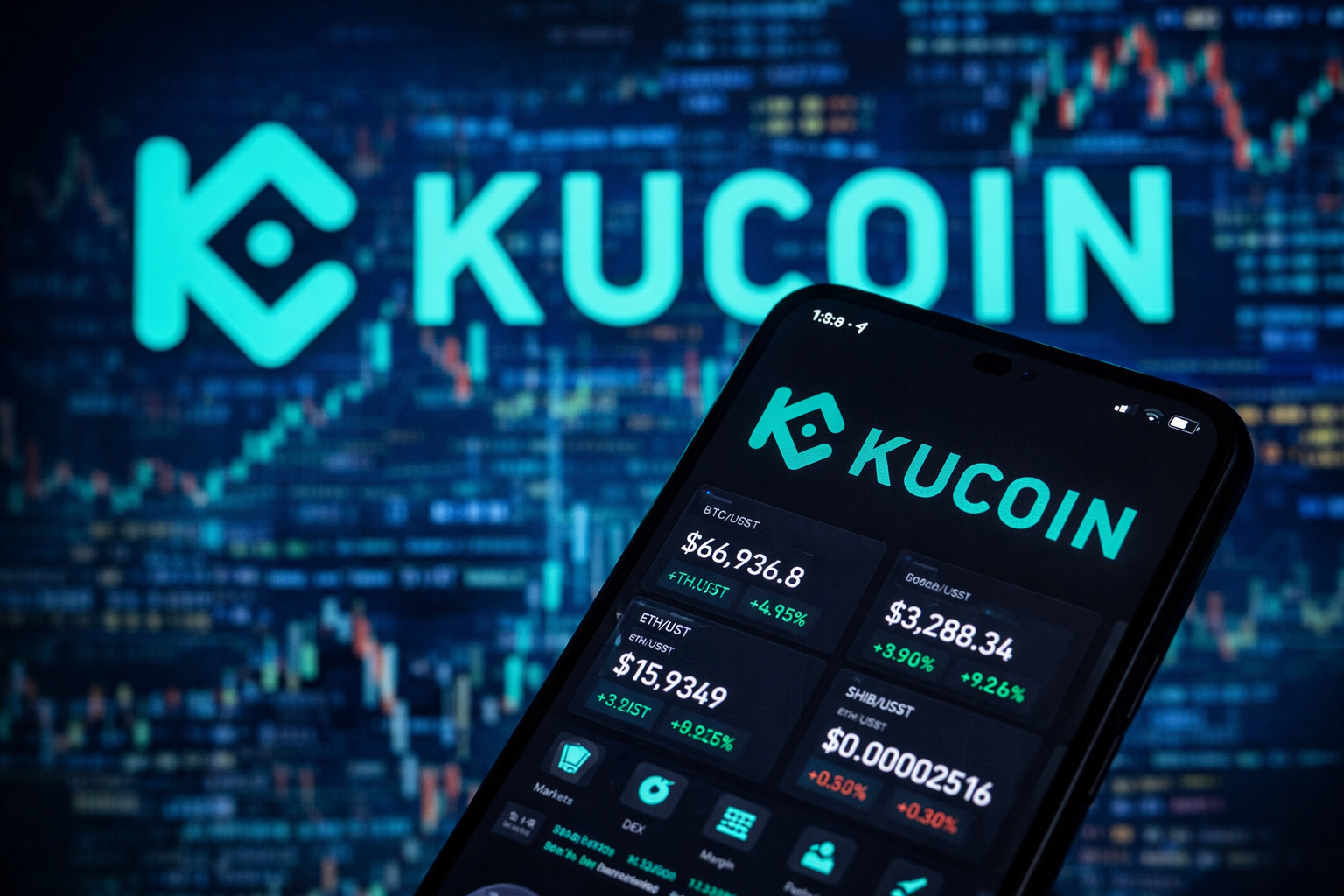 KuCoin cryptocurrency exchange app interface on smartphone with live digital asset market charts in the background