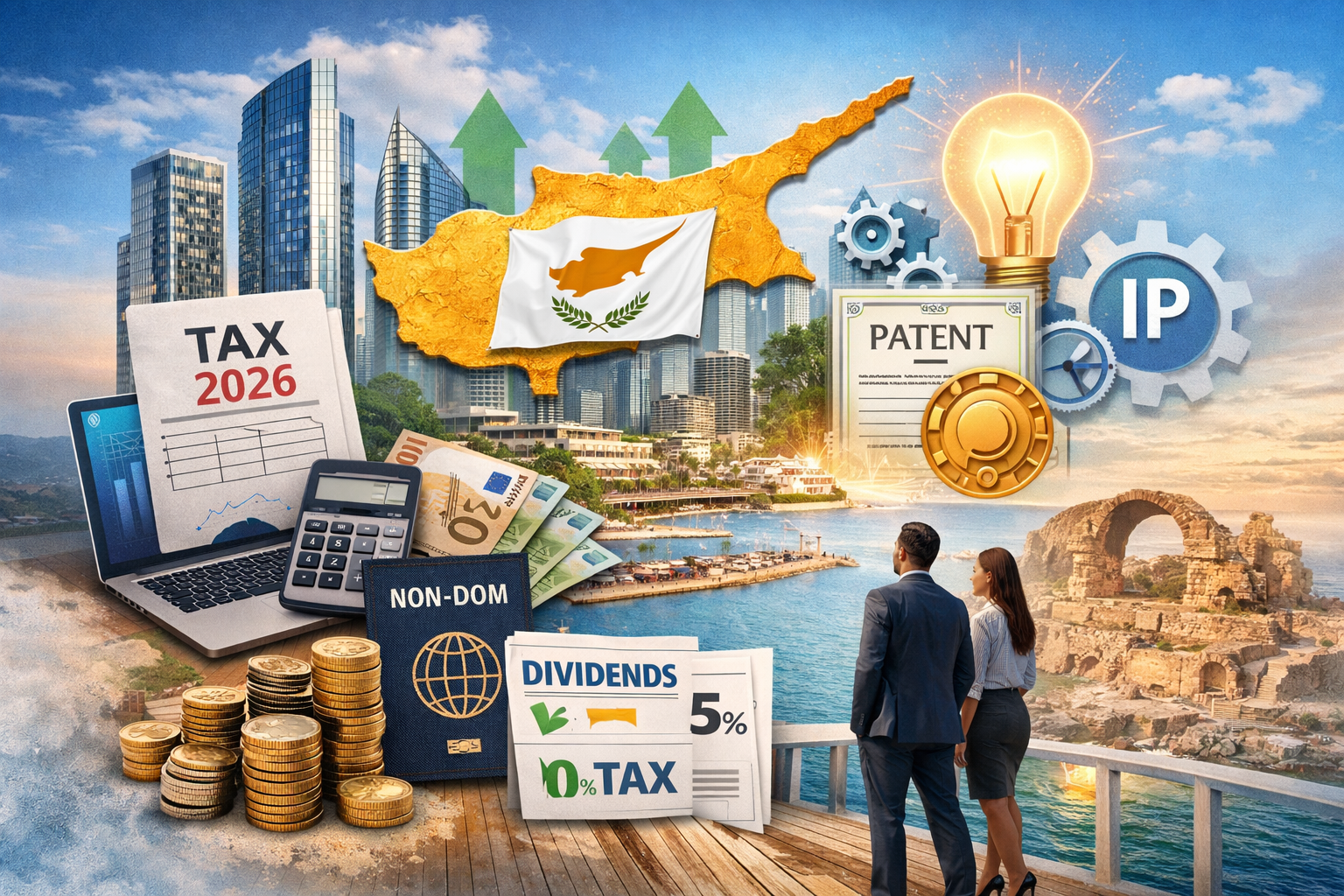 Cyprus company formation tax benefits illustration for 2026 showing business founders, Cyprus skyline, IP box, non-dom dividends, employee incentives and corporate tax planning.