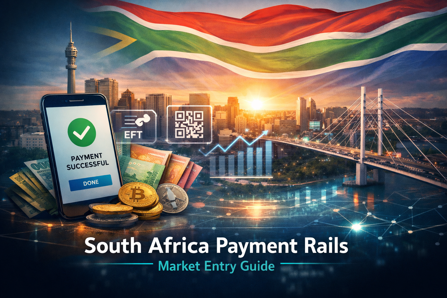 South Africa payment rails illustration showing instant payments, EFT, QR payments, crypto assets and Johannesburg skyline for fintech market entry guide