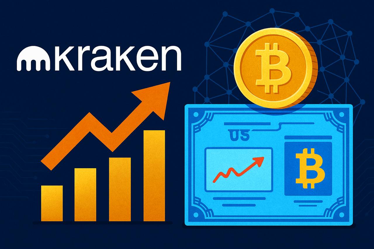 Kraken crypto exchange launches tokenized US stocks with blockchain infrastructure, showing a rising financial chart, Bitcoin symbol, and digital stock certificate for programmable finance and crypto rails integration