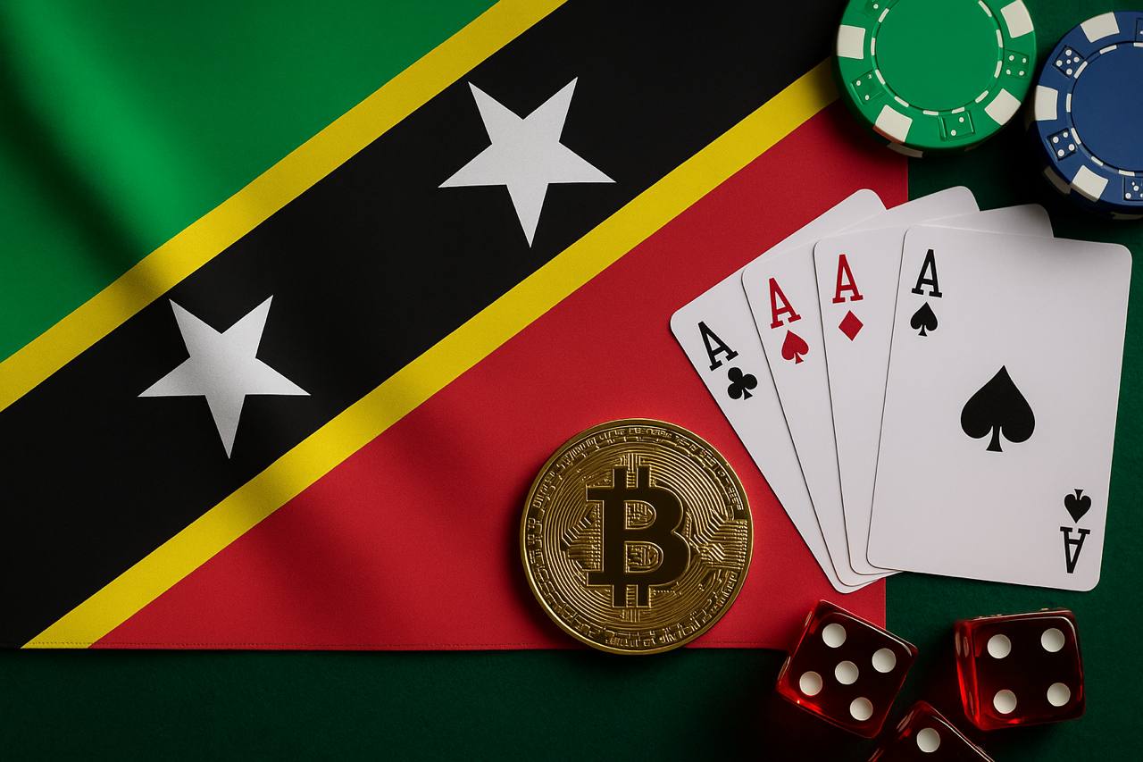 Digital composite image featuring the Nevis national flag alongside elements of the iGaming industry such as casino chips, slot machines, and a stylized gaming interface, symbolizing online gambling regulation in Nevis