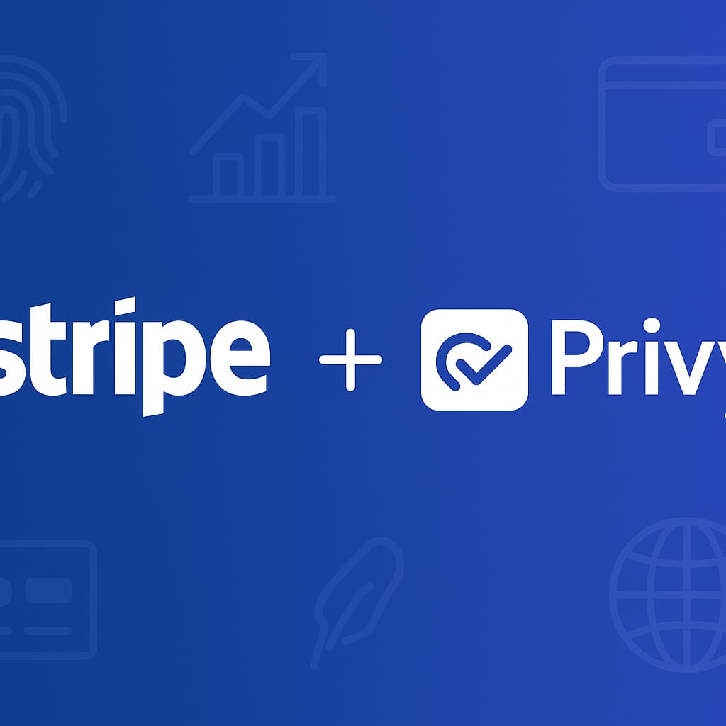Digital illustration showing Stripe acquiring Privy, with fintech and crypto infrastructure icons in the background, symbolizing mergers in payment and identity platforms.