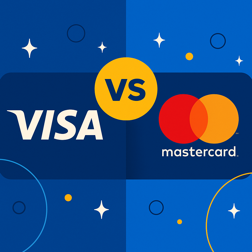 Creative Visa vs Mastercard digital illustration with logos, vibrant abstract background, and dynamic split theme for Q1 2025 comparison