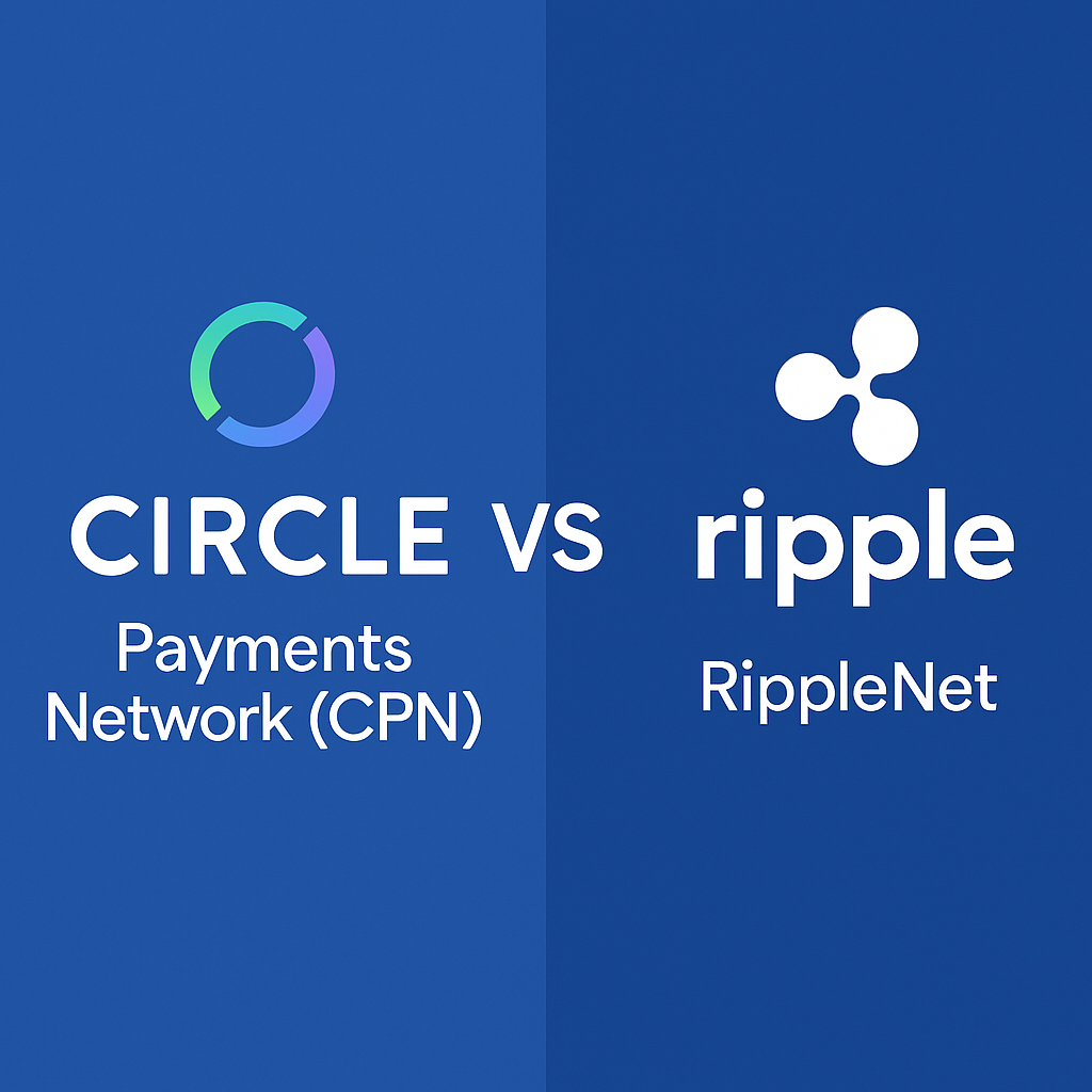 Comparison graphic of Circle Payments Network (CPN) versus RippleNet highlighting logos, blockchain infrastructure, and real-time settlement features on a split blue background