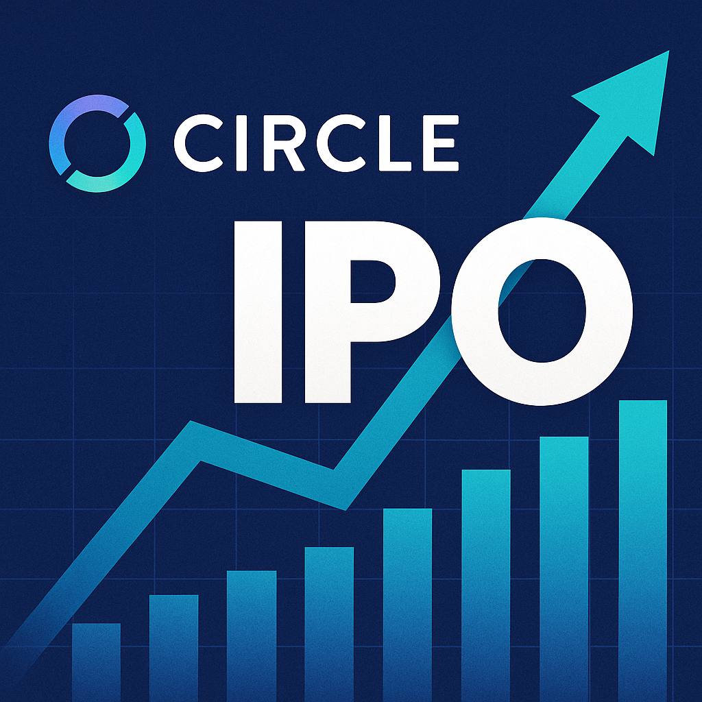 Digital graphic illustration featuring Circle’s IPO announcement with rising bar charts and an upward arrow, symbolizing fintech growth and blockchain payment infrastructure