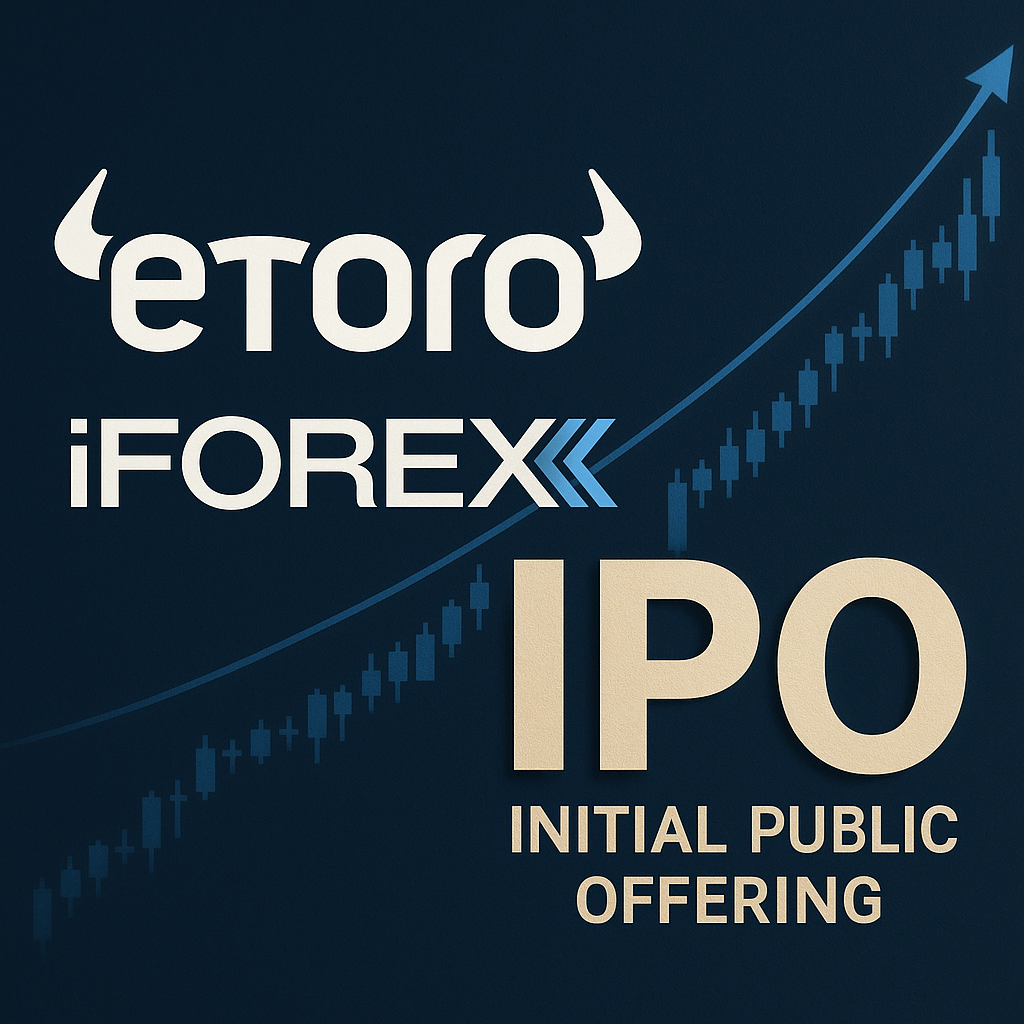 Digital graphic featuring the logos of eToro and iFOREX with an upward stock chart, symbolizing their IPO journey and financial growth