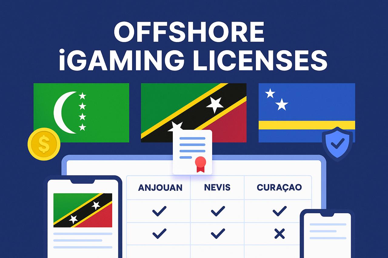 Digital illustration comparing offshore iGaming licenses from Nevis, Curaçao, and Anjouan, with national flags and feature checklists—highlighting Nevis as the preferred option for gaming operators