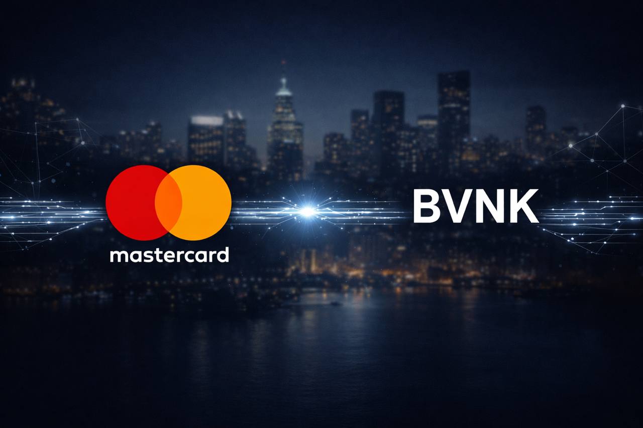 Mastercard and BVNK payment rails acquisition image with digital infrastructure and fintech city backdrop